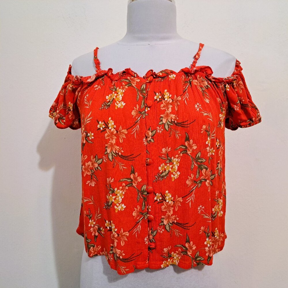 American Eagle Red Floral Top off Shoulder Short Sleeve Size S/P Great Condition